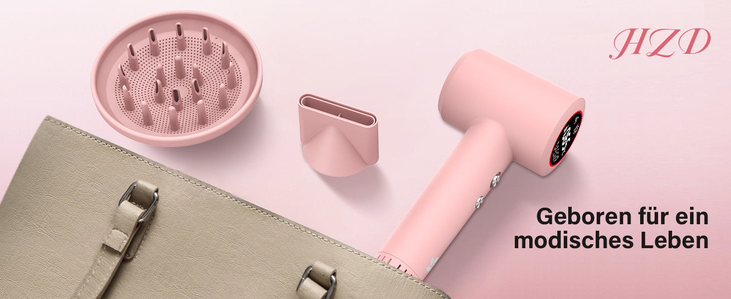 Фен з дифузором, 57dB, швидке сушіння, для подорожей та дому (рожевий)