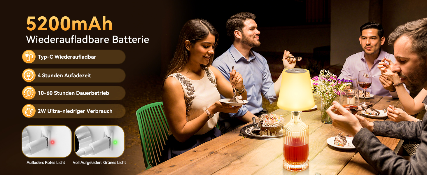 LED настільна лампа акумуляторна 2 шт, біла, IP54, диммування, сенсорне управління, для ресторанів, спальні