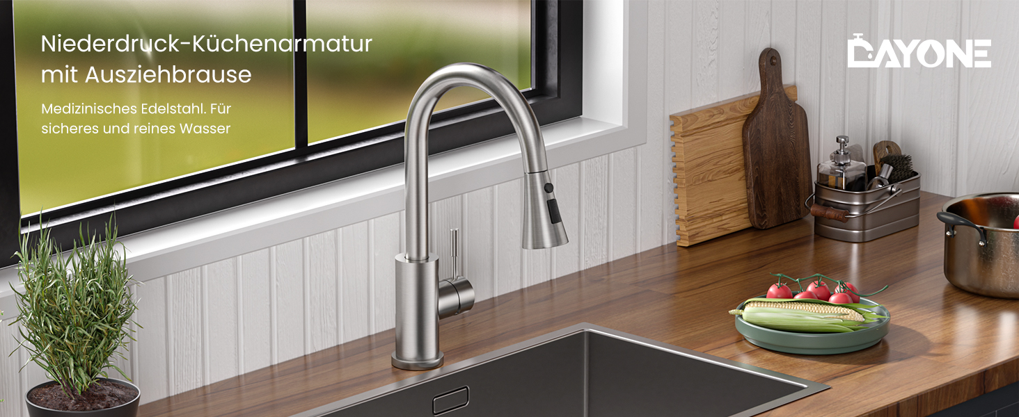 Кухонний змішувач Dayone з висувною лійкою, нержавіюча сталь SUS304, високий тиск, кухонний кран з 2 функціями, поворотна на 360°, для кухні