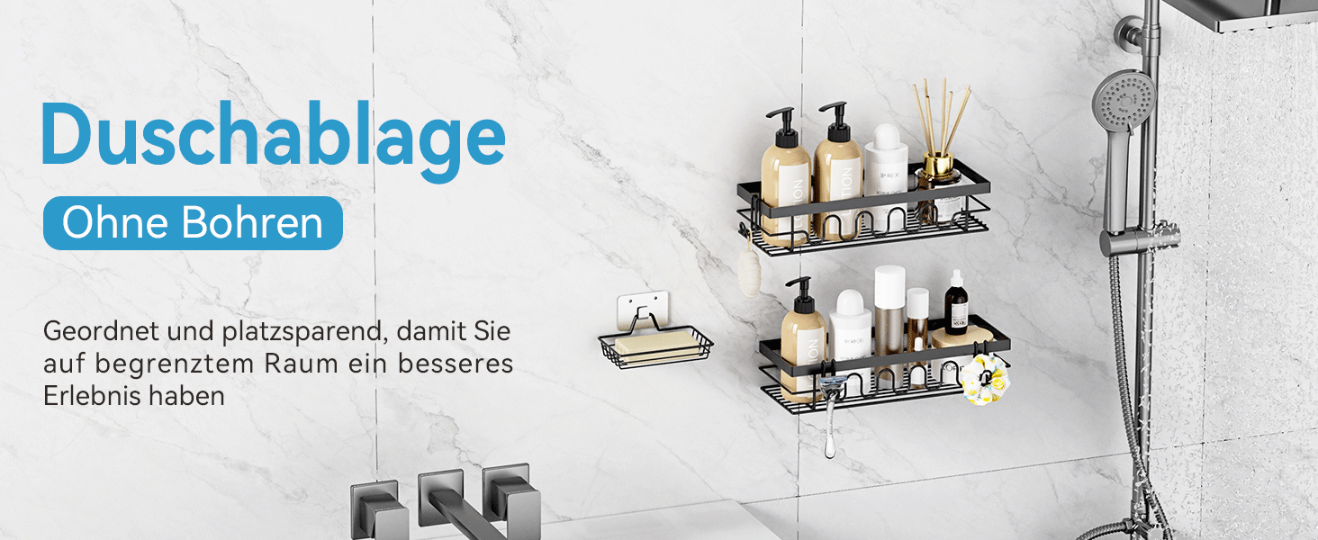 Поличка для душу без свердління, 3-секційний органайзер для душу з регульованими кошиками, нержавіюча сталь - Максимальний простір для зберігання з мильницею та 3 гачками для душу, ванної, кухні, балкону - Підставка для душу без свердління