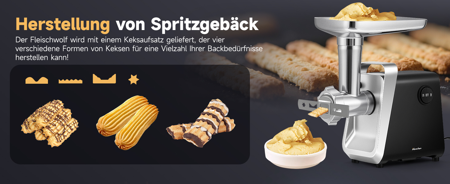 М'ясорубка електрична Hanchen 4-в-1 з насадками для ковбас та печива, 3 диски (3.5/5/7 мм), нержавіюча сталь