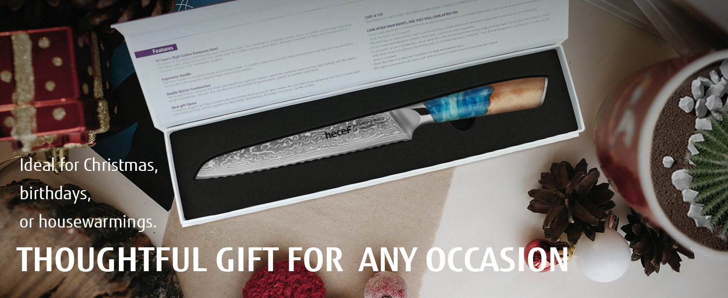 Японський ніж з дамаської сталі Hecef, 20 см, професійний кухонний ніж з ергономічною ручкою з смоли, 67 шарів, з захистом для ножа, подарунок для шеф-кухаря та любителів кулінарії