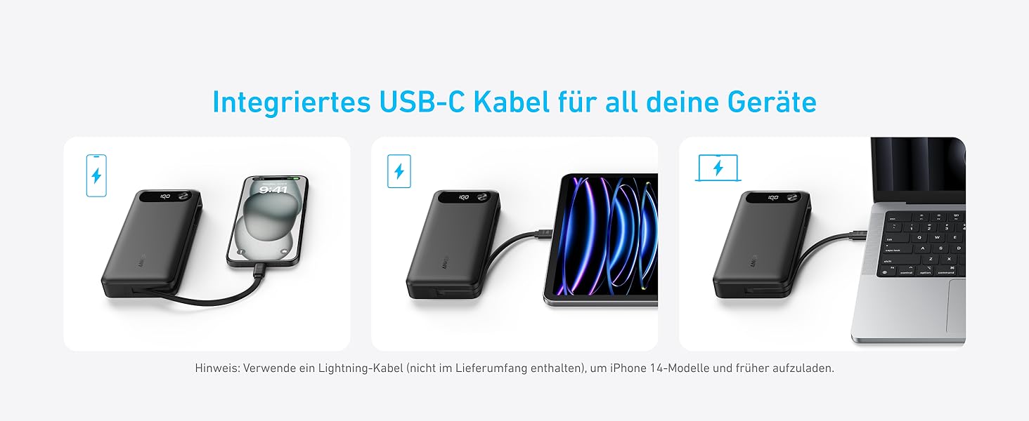 Powerbank Anker 20000mAh з вбудованим USB-C кабелем, 87W, 1 USB-C та 1 USB-A, для MacBook, iPhone, Samsung, Switch та інших пристроїв (Чорний)