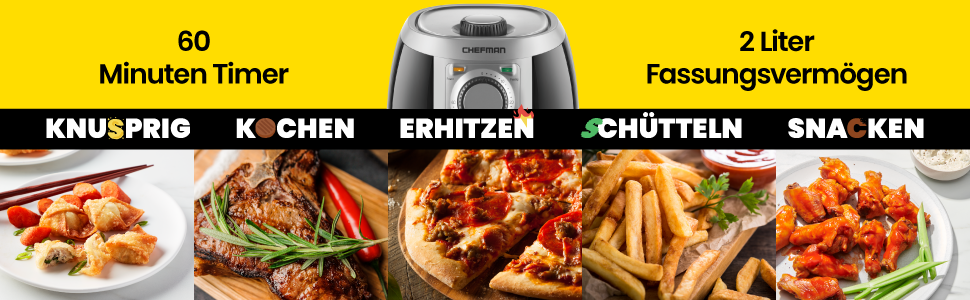 Фритюрниця Chefman 2L Mini – компактна, чорна, з антипригарним кошиком, цифровим таймером та індикатором струсу