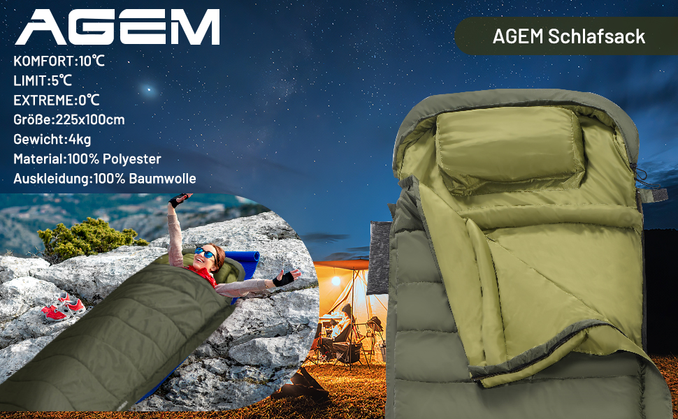 Сплячий мішок AGEM для дорослих: літо, зима, 3-4 сезони, кемпінг, рибалка, 225x100 см, 4-5 кг