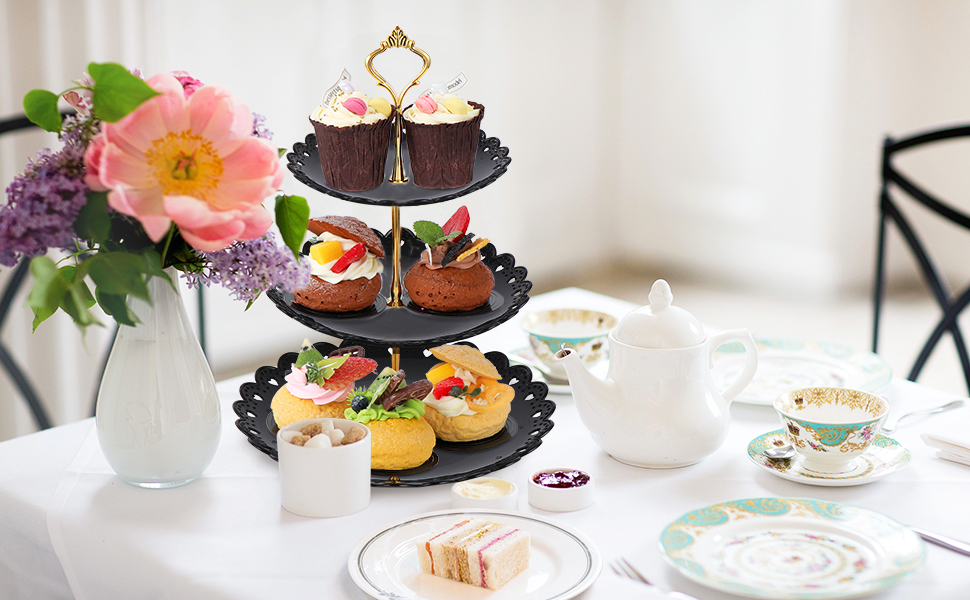 Трирівнева підставка для капкейків, десертів, фруктів, печива, цукерок. Підставка для сервірування на вечірку, весілля, день народження, дитячий свято (пластик, чорний та білий)