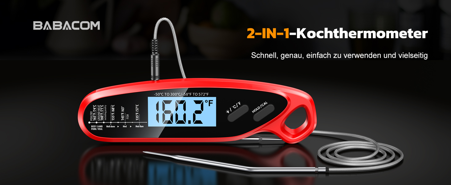 Термометр для м'яса Babacom з миттєвим відображенням та двома зондами, великим екраном, налаштуванням тривоги та калібруванням. Підходить для приготування на грилі, в духовці, для цукру та рідин.