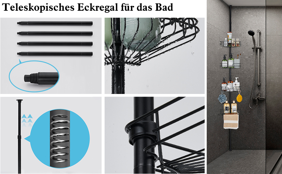 DUFU Поличка для душу та ванни кутова металева з 4 кошиками, регульована висота 73-265 см, чорна