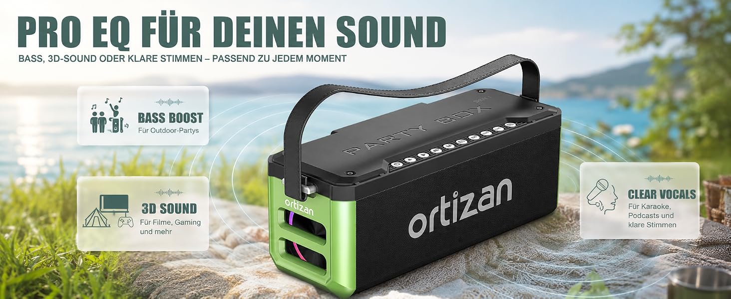 Ortizan Bluetooth колонка портативна 80 Вт, IPX7 водонепроникна, LED підсвітка, 12 год. роботи, Powerbank, стерео-з'єднання, зелено-чорна