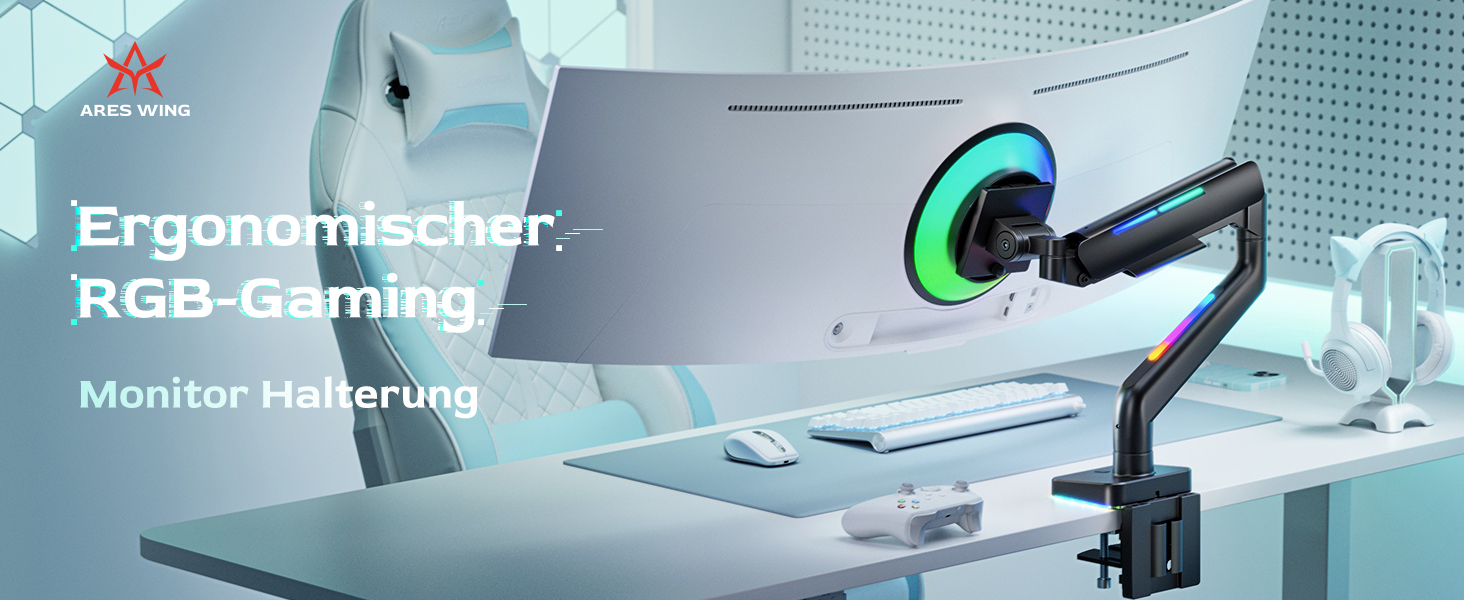 Кріплення для монітора ARES WING RGB - тримач для ігрового монітора, 17-49 дюймів, підходить для важких (20 кг) та вигнутих моніторів, регульована висота, чорний