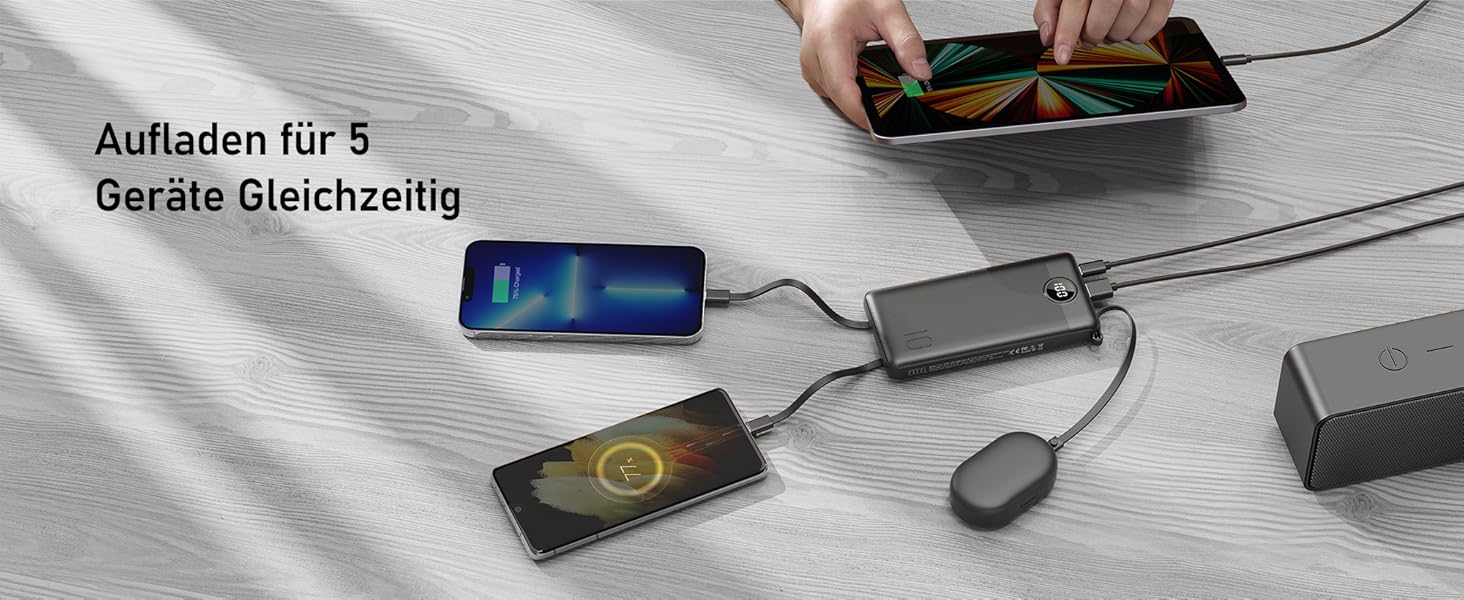 Power Bank 10000mAh з 5 виходами та 2 входами, LED дисплеєм та вбудованими кабелями. Сумісний з iPhone, iPad, Samsung, Xiaomi, Google Pixel. Чорний