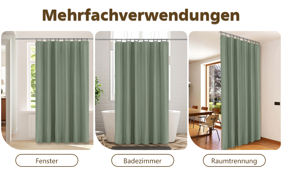 Штора для душу текстильна водонепроникна з поліестеру, 180x200 см, зелена, з кільцями (1 шт)