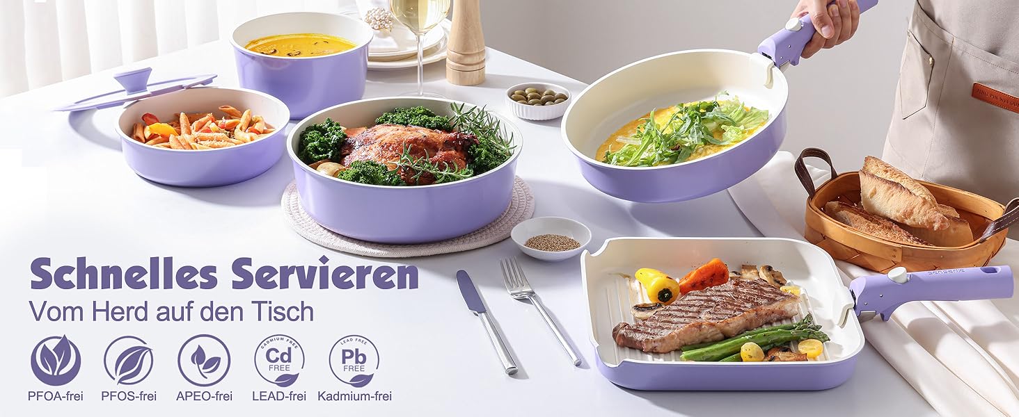 Набір посуду SENSARTE Keramik 17 предметів: каструлі, сковороди з антипригарним покриттям та знімними ручками, для всіх типів плит, можна мити в посудомийній машині та використовувати в духовці, фіолетовий колір
