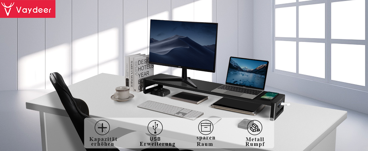 Підставка для 2 моніторів VAYDEER з 4 USB-портами, алюмінієва, для PC та ноутбуків (до 32 дюймів), чорна