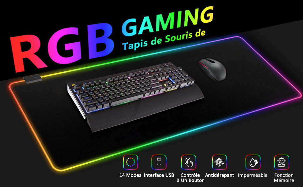 Ігровий килимок для миші RGB XXL (900x400мм) з 7 кольорами підсвічування та 14 режимами, водонепроникний протиковзкий килимок для геймерів та ПК, чорний