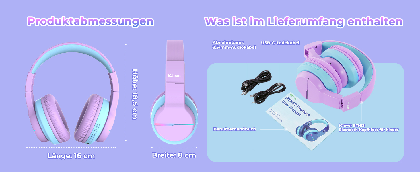 iClever Бездротові навушники для дітей з LED-підсвічуванням, Over-Ear, Bluetooth 5.2, мікрофон, BTH12, фіолетовий