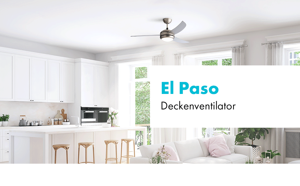 Вентилятор стельовий Klarstein El Paso 2-в-1 з підсвіткою, діаметр 132 см, 3 лопаті, 10344 м³/год, 3 швидкості, дизайн темне дубове дерево (білий)