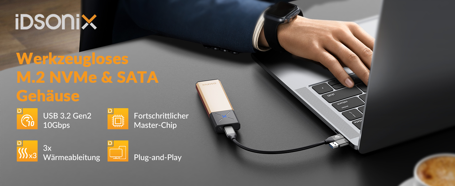 Зовнішній корпус-адаптер iDsonix M.2 NVMe та SATA SSD на USB 3.2 Gen 2 10Gbps, алюмінієвий, без інструментів, підтримка M-Key/B+M Key, UASP Trim, для SSD 2230/2242/2260/2280 (Золотистий)