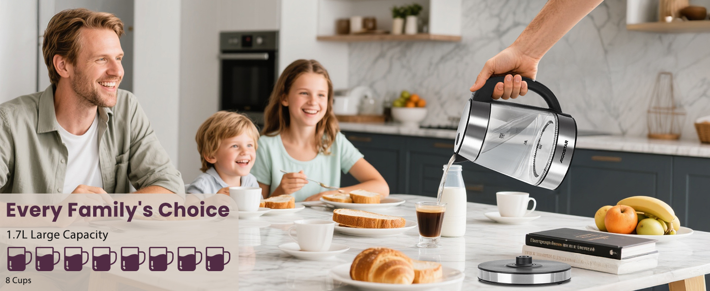 Електричний чайник Aigostar 1.7л, 2200W, LED, без BPA, скло Borosilikat, фільтр від накипу, чорний (Chubby)