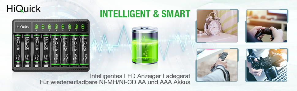 Зарядний пристрій HiQuick для акумуляторів AA AAA, 8 слотів з LED-дисплеєм, сумісний з NI-MH та NI-CD акумуляторами (без акумуляторів)