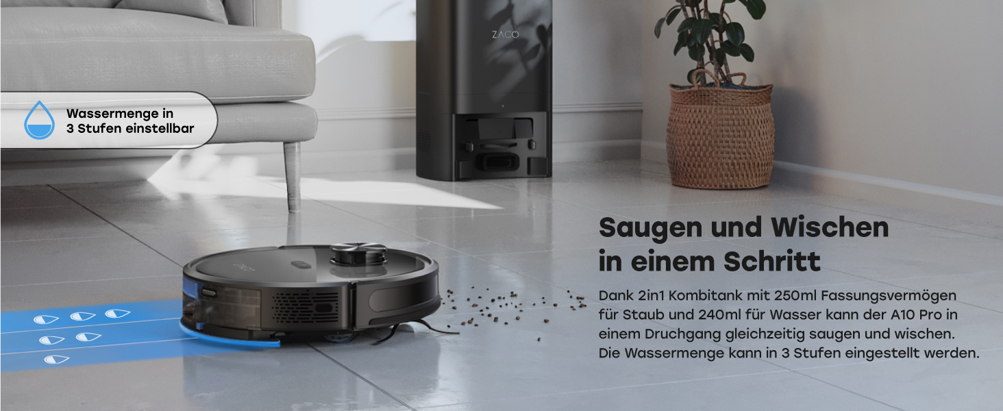 Робот-пилосос ZACO A10 Pro з функцією миття, 2.5л станція зарядки (до 60 днів), лазерна навігація, 3000Pa, 2-в-1 (пилосос та миття), для шерсті тварин, розпізнавання килима, тихий, керування через додаток & Alexa