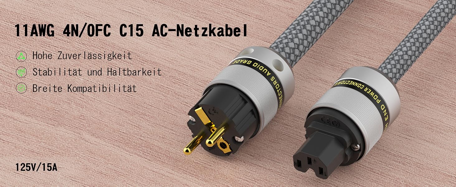 Hi-End мережевий кабель Monosaudio P083 (1.5м), мідний OFC, 2-полюсний аудіофільський кабель живлення Schuko - IEC C15 для підсилювача, DVD, сабвуфера та декодера