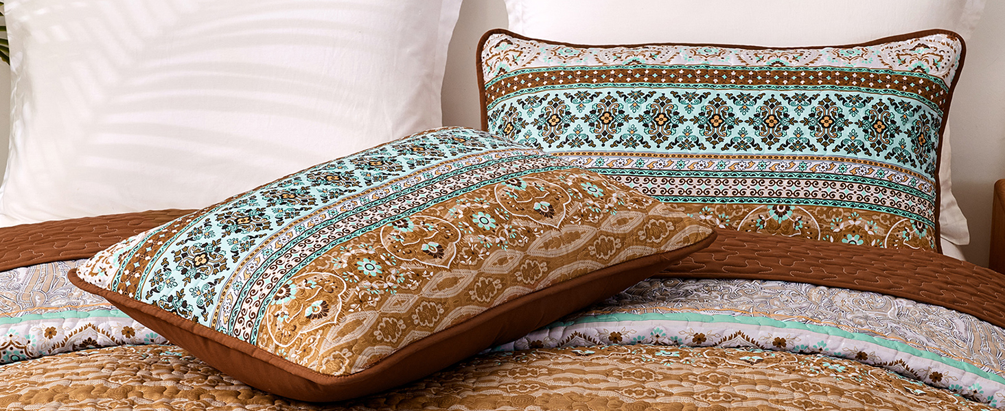 Покривало WONGS BEDDING 220x240 см Boho, стьобане, мікрофібра, 3 предмети: покривало та 2 наволочки 50x70, для двоспального ліжка, коричневе, для спальні чи дивана