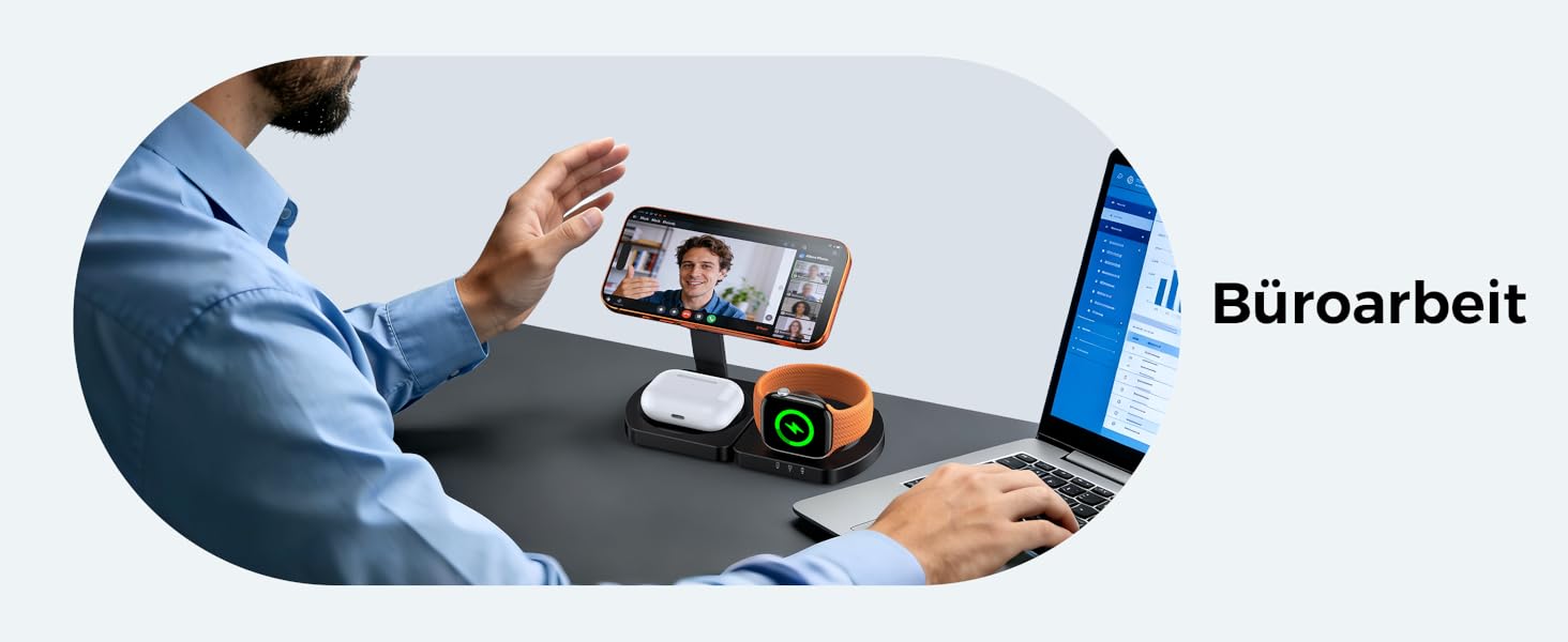 Бездротова зарядка Induktive для iPhone 17 Air/16/15/14/13/12, 3-в-1 з підтримкою MagSafe, Apple Watch та AirPods, чорний матовий