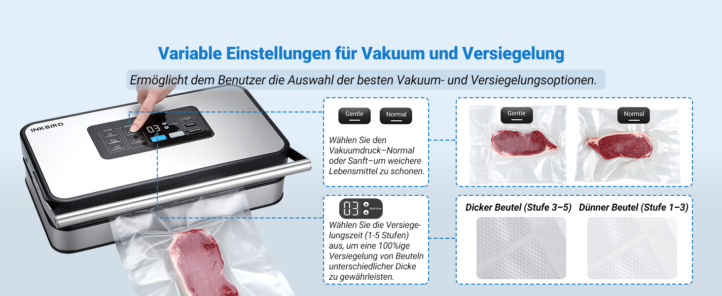 Вакуумний пакувальник INKBIRD для продуктів харчування з режимами сушіння, вологого та рідинного пакування, подвійна помпа, 20 л/хв, тихий, вбудований різак, ролики та пакети в комплекті (сірий)