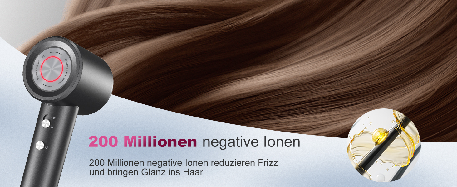 Фен для волосся з іонізацією 200 млн іонів, з насадкою-дифузором, безщітковий двигун 110 000 об/хв, 1600 Вт, 59 дБ, компактний фен для подорожей, 2 роки гарантії