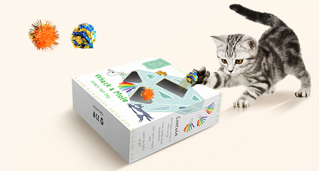 Інтерактивна електрична іграшка для котів Migipaws 7-лункова Кіт-Вдар-Мишу, розумна дражнилка з USB-зарядкою, 4 насадки-пір'їнки, кумедний картонний дизайн