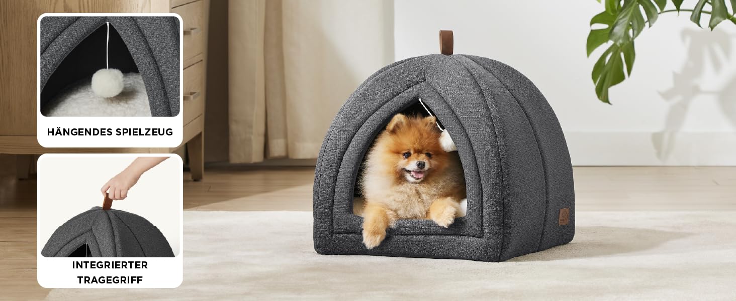 Ліжко для котів BEDSURE велике, 44x44x44 см, хатинка для котів, з м'якою подушкою Sherpa та іграшкою, миється, бежеве