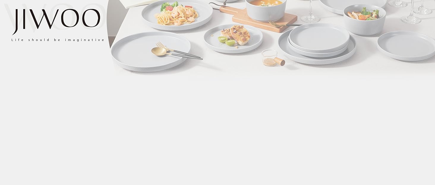Набір посуду Jiwoo для 4 осіб (12 предметів): тарілки, десертні тарілки, супові миски. Bone China, матовий сірий колір, для мікрохвильовки та посудомийної машини