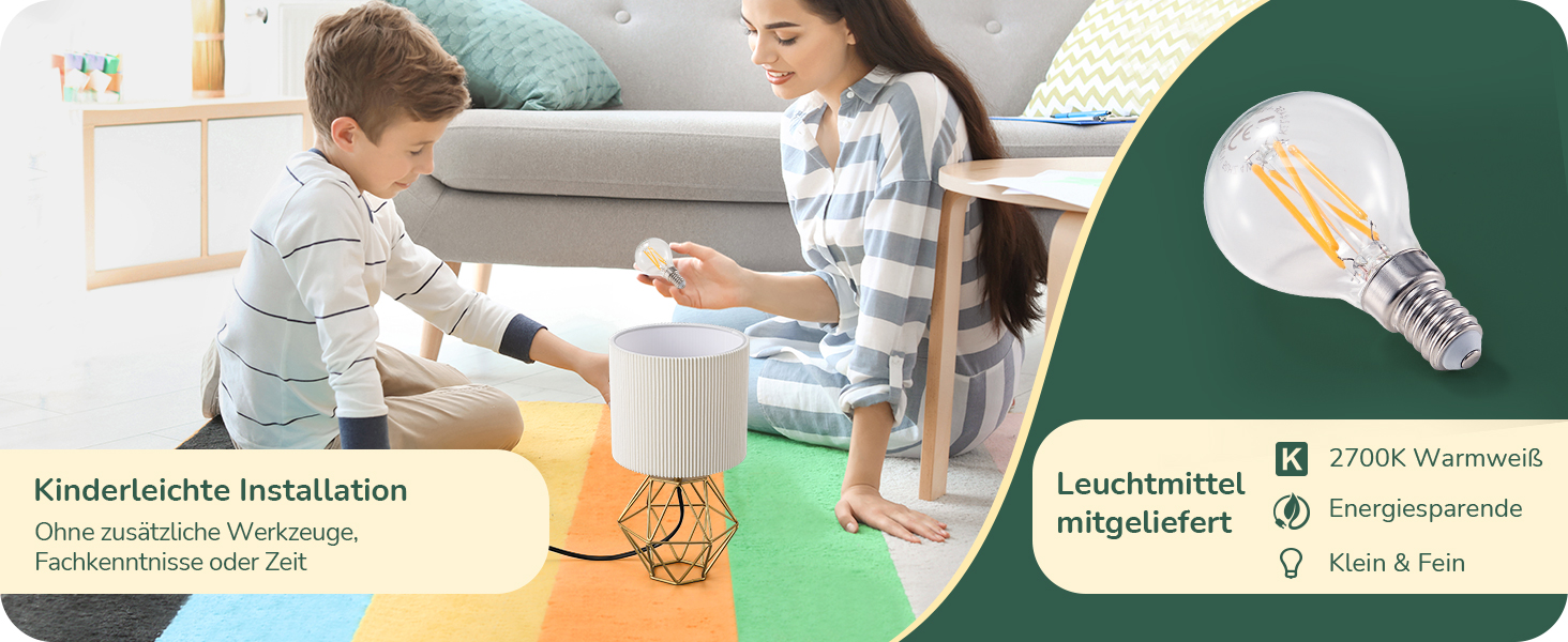 EDISHINE Настільна лампа, сучасний індустріальний дизайн, цоколь E14, вінтаж, для спальні, вітальні, білий & золотий колір (кремово-білий жалюзі + золото)