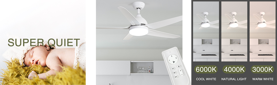 Стеляний вентилятор FINXIN з LED-лампою 132/122 см для спальні, вітальні, їдальні. Включає мотор, пульт керування (5 лопатей, білий)