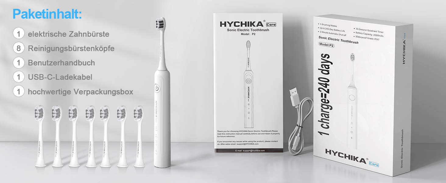 Електрична зубна щітка для дорослих з акумулятором 240 днів, 8 насадок, 3 режими, таймер 2 хв, IPX7 водонепроникна, біла