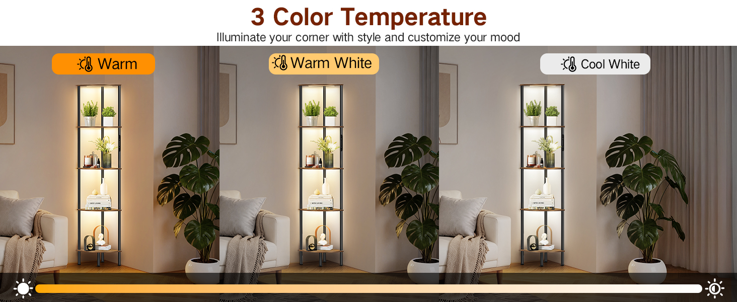 Стійка лампа OUTONLIFE з полицями, LED, 3 режими, регулювання яскравості, пульт, 5 ярусів, для вітальні, спальні, офісу, колір: Rustic Brown