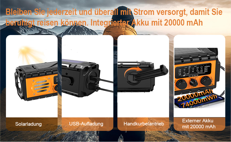 Радіо Winnes для надзвичайних ситуацій з живленням 20000 mAh, AM/FM, ліхтарик, SOS-сигнал, сонячна панель, ручне заряджання, для смартфонів (Помаранчевий)