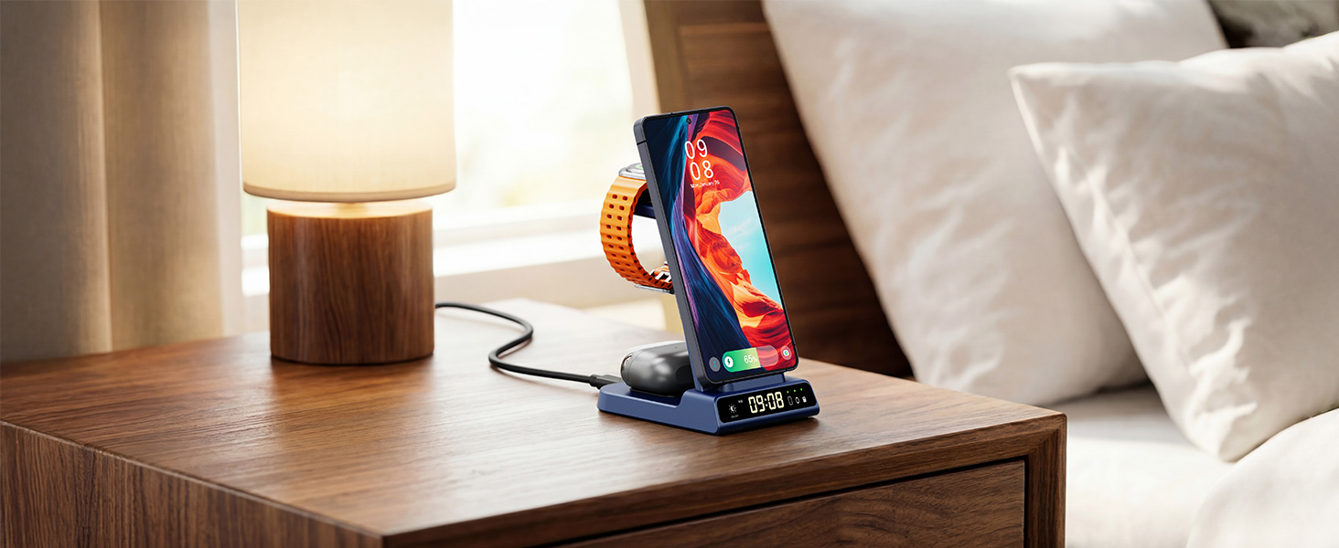 Бездротова зарядна станція 3-в-1 для Samsung Galaxy S26 Ultra, Watch 8/Ultra/7/6/5, Buds 4/4 Pro (Блакитна) - Швидка індуктивна зарядка