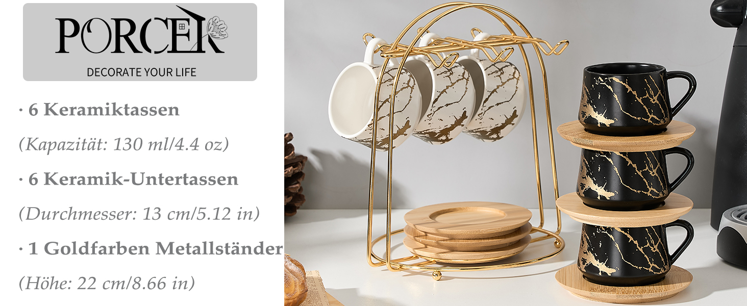 Керамічні чашки для кави та чаю з дерев'яними підставками та металевим стійком (6 шт., 130 мл) - Elegantes Option 2