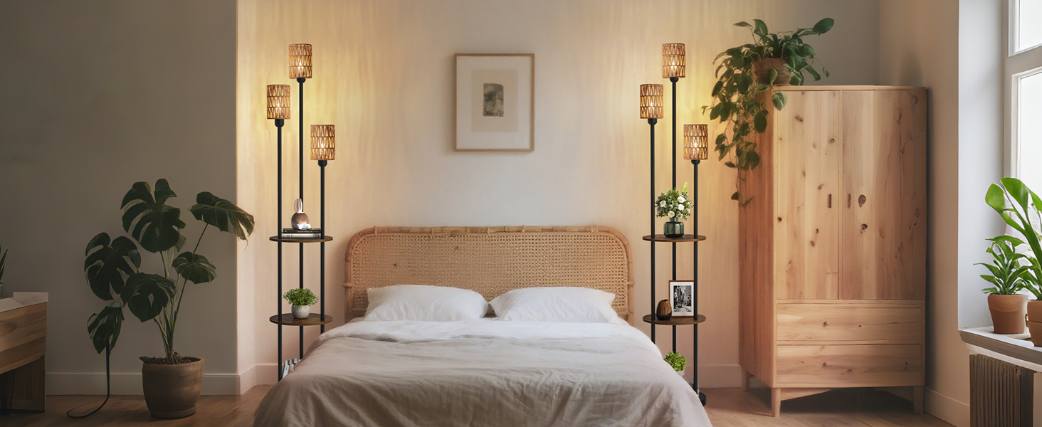 Стельова лампа для вітальні з полицею, 3-лампова торшер з етажеркою у стилі вінтаж, бохо торшер з дерева з вимикачем на ніжці, патрон E27, ретро-дизайн у кольорах коричневого та бежевого, ZEF53LDD05 (Ротанг, Чорний)