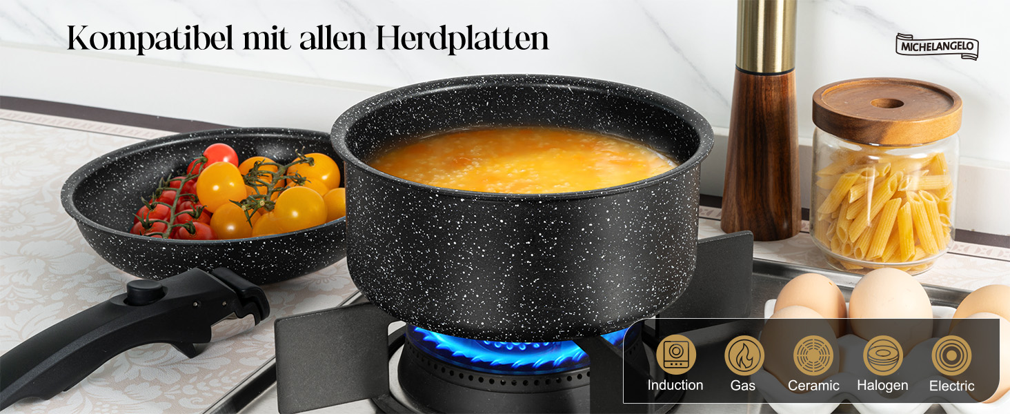 Набір сковорідок Michelangelo (20/24/28 см) з знімним ручками, індукційне дно, антипригарне покриття з мармуру, до 240°C, чорний (5-ти частинний)