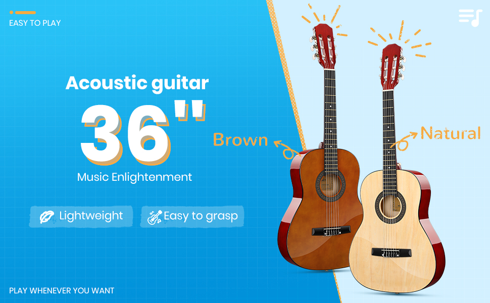 Акустична гітара Moukey для початківців, дітей, підлітків та дорослих, Cutaway, повний комплект з тюнером, мешком, медіатором та нейлоновими струнами (36 дюймів, натуральний колір)