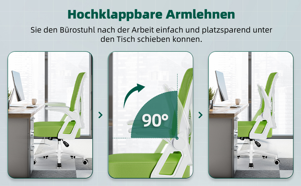 Ергономічне крісло для офісу, офісне крісло з підйомними підлокітниками, регульована поперекова підтримка, регульоване крісло для начальника, поворотне крісло, сітчасте крісло з функцією гойдання до 125° (Зелений, без підголівника)