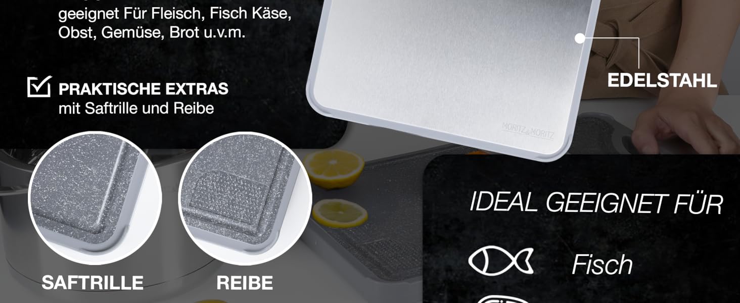 Двостороння обробна дошка Moritz & Moritz з нержавіючої сталі та пластику - антиковзаюча з жолобком для соку та поверхнею для натирання - гігієнічна та придатна для миття в посудомийній машині