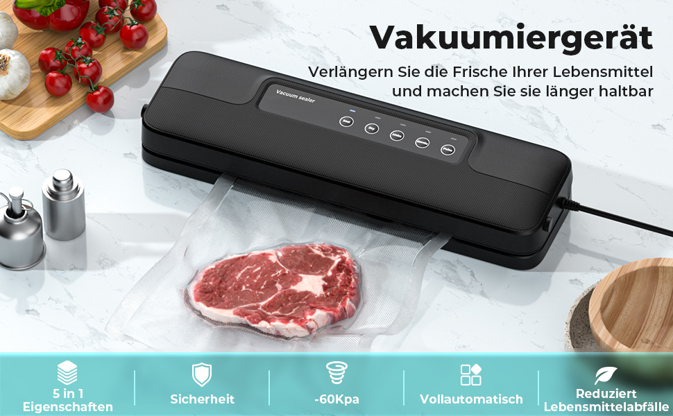 Вакуумний пакувальник Vihoom 5-в-1: зберігайте продукти до 8 разів довше. Включає 10 пакетів та шланг. Міцна зварна шве, 30 см. Чорний