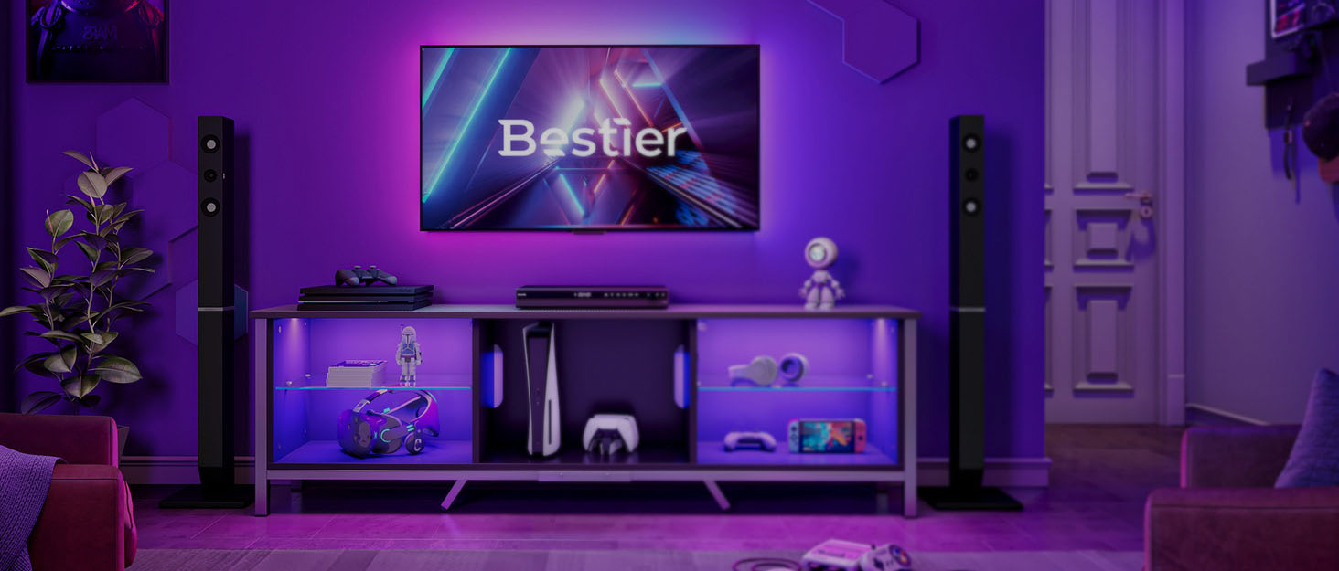 ТВ-тумба Bestier для телевізорів до 65 дюймів, 140×35×47 см, з LED-підсвіткою, кабель-менеджментом, скляною полицею, коричнева