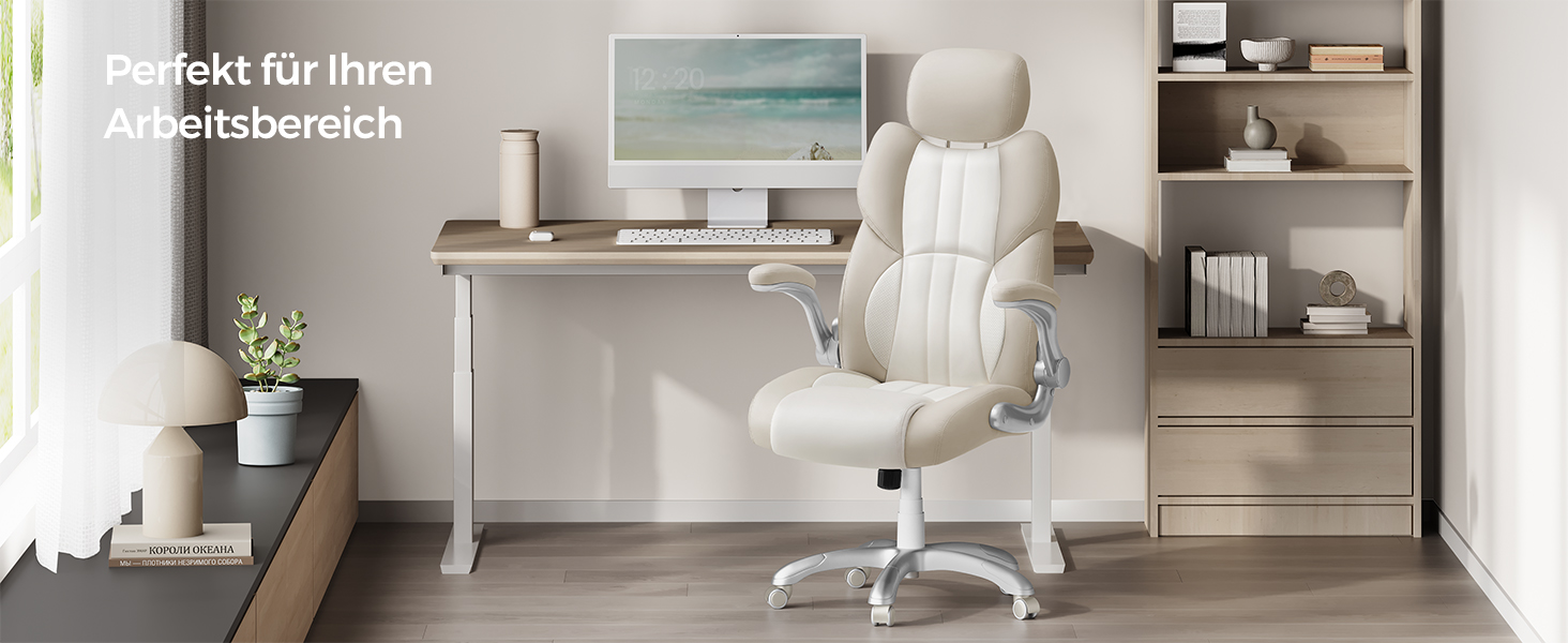 Крісло офісне SONGMICS, ігрове, регульована спинка, гойдалка, USB, підлокітники, ролики, регульована висота, OBG65BK (Крем-білий)