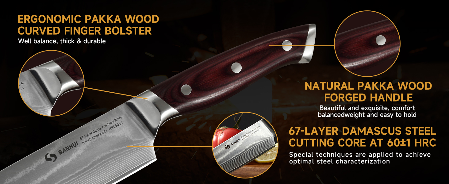 Набір кухонних ножів Sanhui Damast: 3 ножі з дамаської сталі з ручками з паккавуда. Професійний набір ножів у подарунковій коробці - ідеальний для професійних та аматорських кухарів.