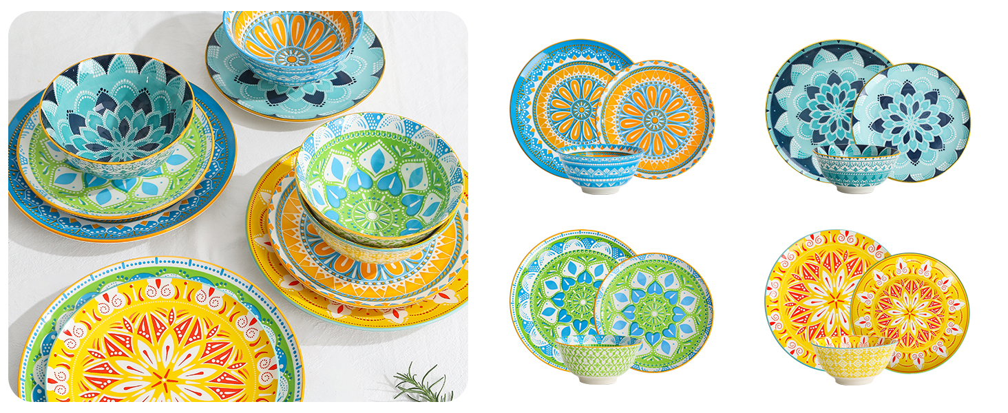 Набір посуду на 4 особи: 12-ти частинний сервіз з порцеляни, керамічний набір посуду, кольоровий дизайн, повний сервіз